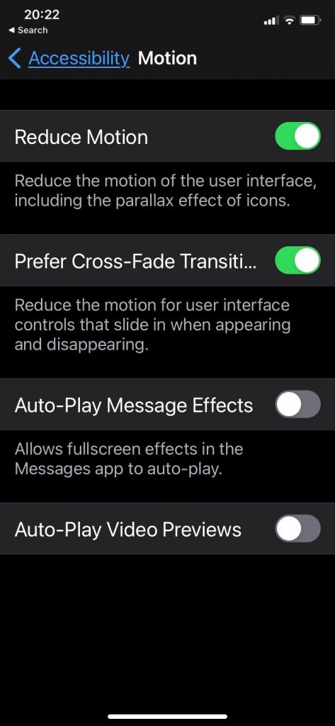 Screen cap of iphone showing motion settings