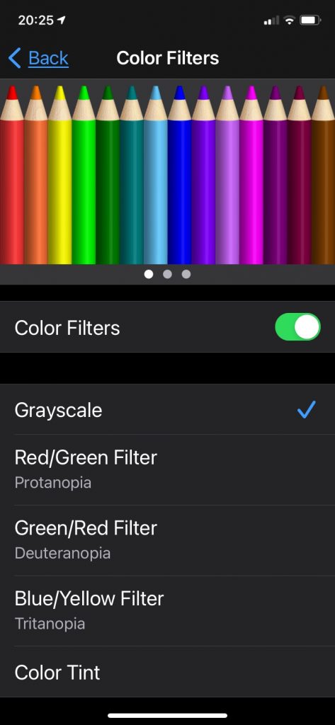 Screen cap of iphone showing color options