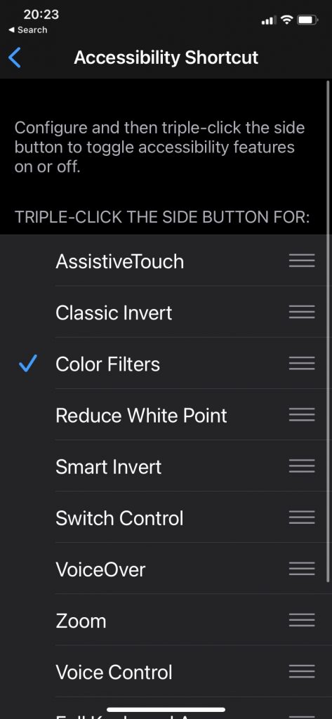 Screen cap of iphone showing accessibility shortcuts
